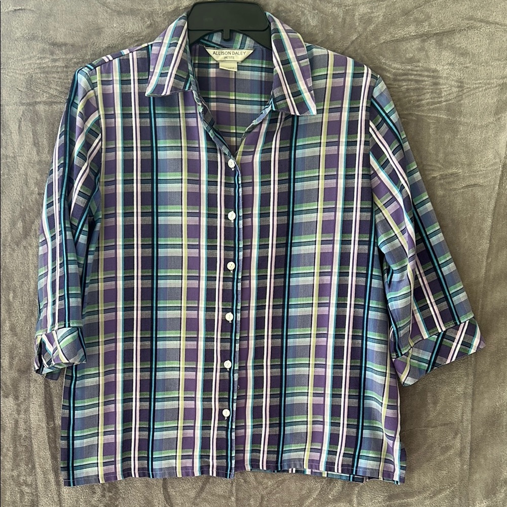 Vintage Allison Daley Purple and Blue Plaid Button Down Shirt 3/4 Sleeves